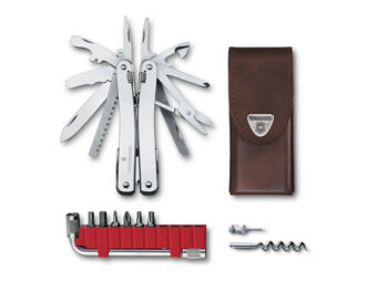 Multi Tool Swiss Tool Spirit X silber mit braunem Leder-Etui