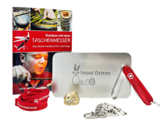 Kinder Taschenmesser Set Oster Geschenkbox My First Victorinox mit Nackenband Panzerkette und Schnitzbuch rot transparent