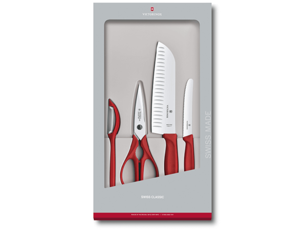 4-teiliges Küchen-Set (Schäler/Schere/Kochmesser/Gemüsemesser) Swiss Classic roter Griff in Geschenkverpackung