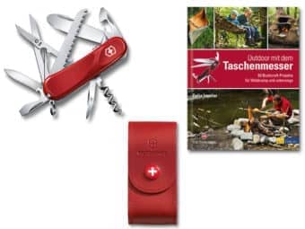 Kindertaschenmesser Junior 03 Set mit rotem Leder-Etui und Schnitzbuch Outdoor mit dem Taschenmesser Rot
