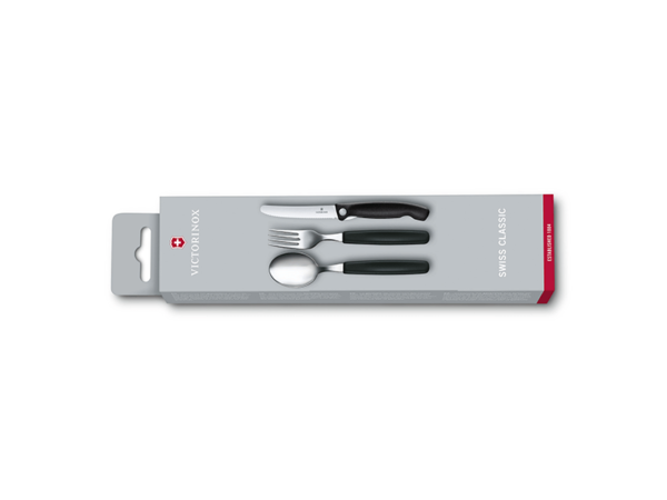 3-teiliges Besteckset Swiss Classic Messer Gabel Löffel Schwarz in Geschenkverpackung