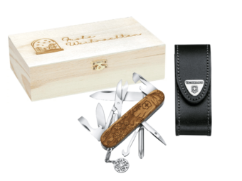 Mittleres Taschenmesser Super Tinker Wood Winter Magic Limited Edition 2022 Geschenkbox Weihnachten mit Lederetui schwarz