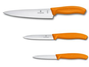 Kürbis Schnitzmesser-Set Swiss Classic 3-teig orange mit Tranchiermesser 19cm, Gemüsemesser glatt, Gemüsemesser Wellenschliff