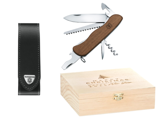 Großes Taschenmesser mit Holzschale, Victorinox Forester mit schwarzem Leder-Etui und Weihnachtsgeschenkbox