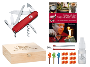 Mittleres Taschenmesser Camper mit Schnitzbuch, Zahnstocher, Pinzette rot, FireAnt Set, Multi Tool Öl in Holz Geschenkbox Adventure